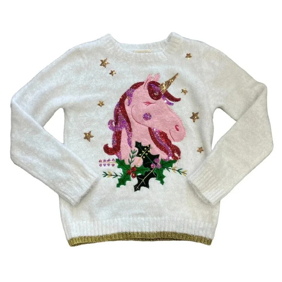 Margaux & Lexi White Sequin Unicorn Holiday Sweater 14 - Picture 1 of 3